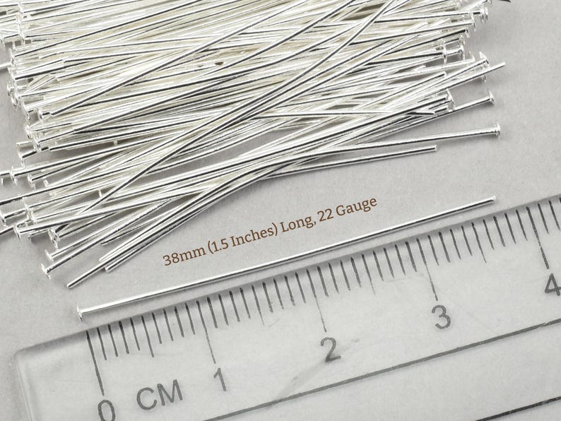 100 Pieces of 1.5" 22 Gauge Head Pin Findings - BRIGHT SILVER Headpins - 38mm 22g Silver Plated Jewelry Headpins for Wire Wrapping #FB521 image 2