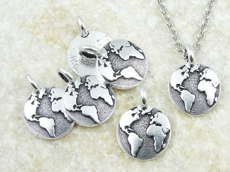 Tiny EARTH Pendants by TierraCast World Charm Globe Global Drop Silver Charms for Earth Day P1246 image 1