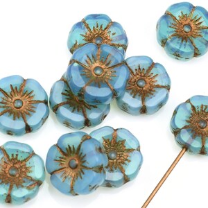 12mm Hibiscus Flower Beads Aqua Silk with Dark Bronze Wash Blue Flower Beads Flat Czech Glass Flower Beads for Spring Jewelry 957 image 2