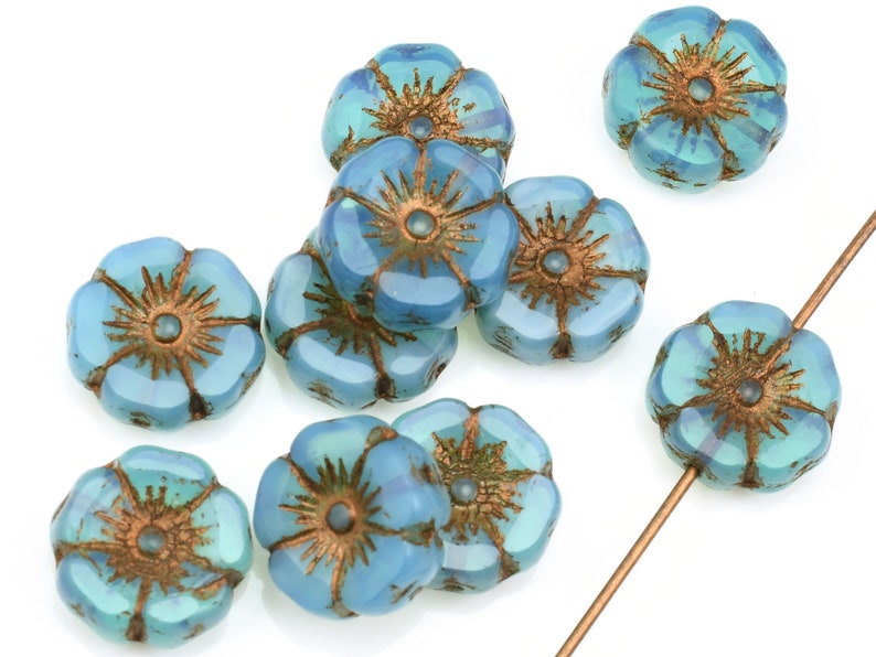 12mm Hibiscus Flower Beads Aqua Silk with Dark Bronze Wash Blue Flower Beads Flat Czech Glass Flower Beads for Spring Jewelry 957 image 2