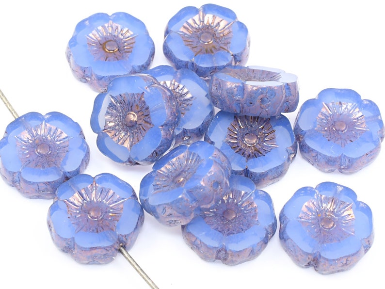 12mm Hibiscus Flower Beads Blue Flower Beads Sapphire Blue Opaline with Purple Bronze Czech Glass Flower Beads for Spring Jewelry 187 image 1