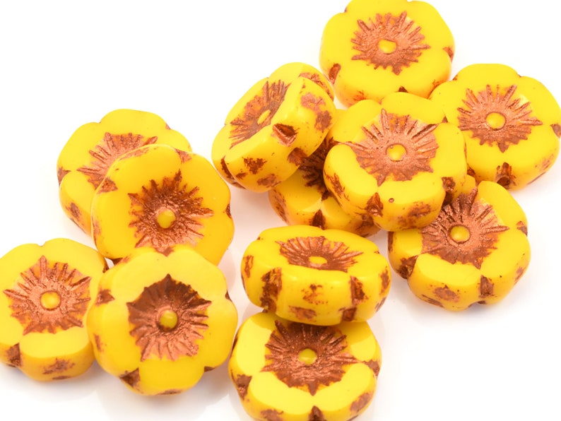 12mm Hibiscus Flower Beads Yellow Flower Beads Marigold Yellow Opaque with Copper Wash Czech Glass Flower Beads for Spring Jewelry 170 image 7