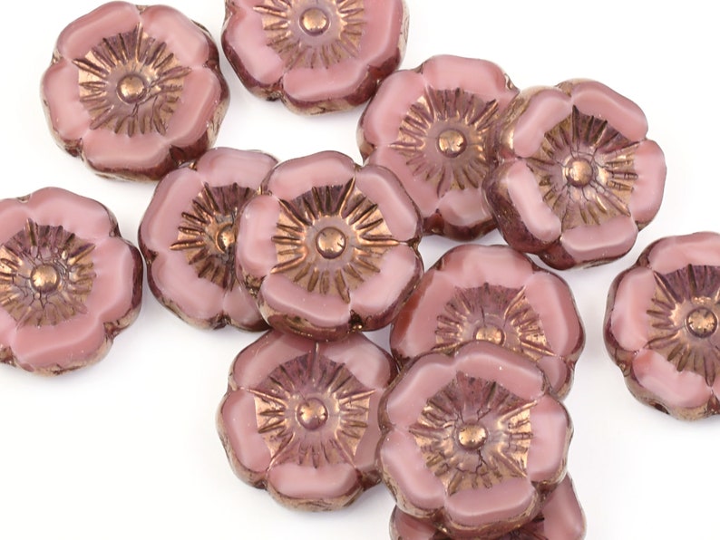 Abalorios de flores de hibisco de 12 mm Abalorios de flores rosas polvorientas Seda rosa con acabado en bronce Abalorios de flores de vidrio checo para joyería de primavera 191 imagen 5