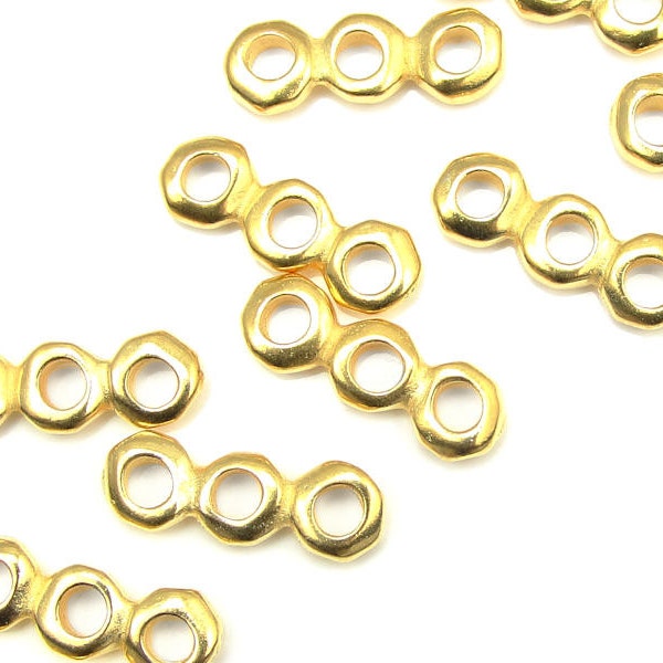 Large Hole Beads - 5mm Nugget Heishi 3 Hole Bar Multistrand Spacer Bright Gold Beads TierraCast Leather Findings Collection (PS402)