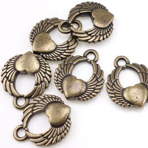 Antique Brass Charms Brass Heart Charms TierraCast WINGED HEART Jewelry Charms for Jewelry Making Tattoo Bronze Charms Pendants PA34 image 2