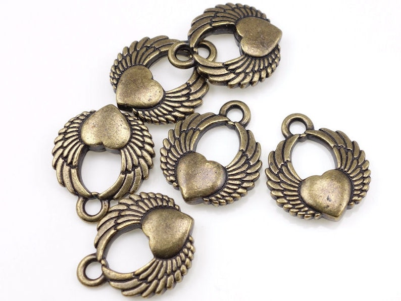 Antique Brass Charms Brass Heart Charms TierraCast WINGED HEART Jewelry Charms for Jewelry Making Tattoo Bronze Charms Pendants PA34 image 2