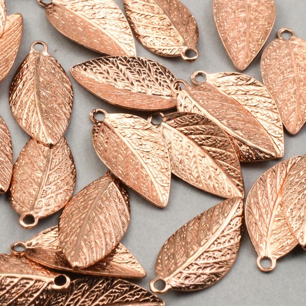 Copper Leaf Charms - Bright Copper Plated Small Autumn Leaf Drops - 15mm x 7mm Autumn Fall Jewelry Supplies   FB200