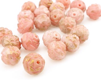 Light Pink Beads Czech Glass Rosebud Flower Beads Opaque Pink Marbled Gold 8mm x 7mm Rose Bud Beads for Summer Jewelry or Valentine's Day