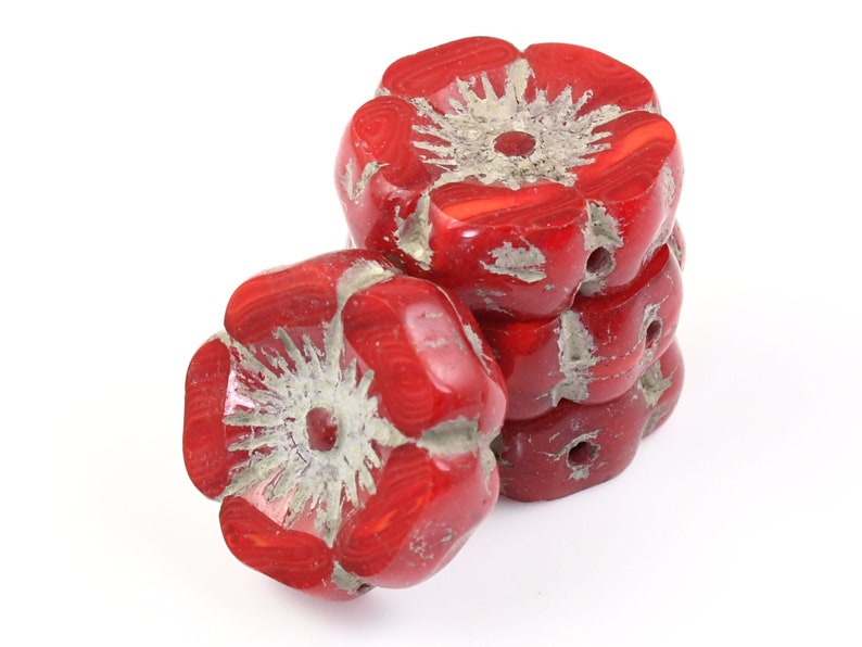 12mm Hibiscus Flower Beads Bright Red Opaline Mix with Light Grey Wash Czech Glass Flower Beads for Spring Jewelry 177 image 2