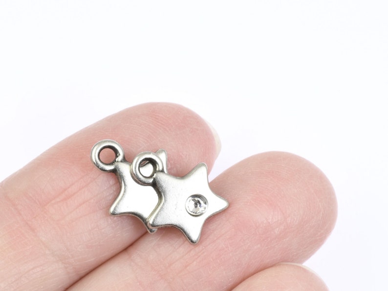 Tiny Silver Star Charm with Clear Crystal TierraCast Dark Antique Silver Pewter Charm 11mm x 14mm Celestial Flat Star Drop P2670 image 3