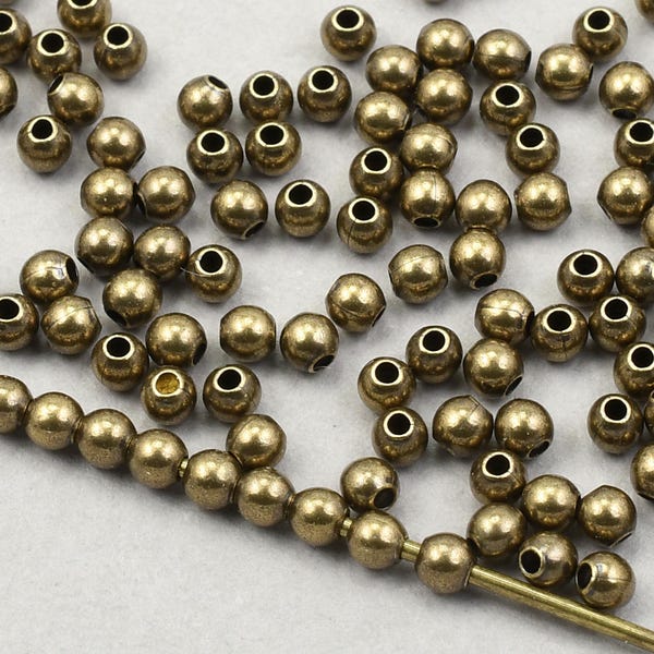 200 Pieces of 2mm Round Beads - ANTIQUE BRASS Ball Beads - Dark Brass Plated Lightly Seamed Very Small Tiny Spacer Heishi Beads  #FB131