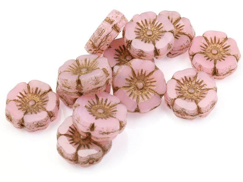 12mm Hibiscus Flower Beads Pink Opaline with Antique Finish Czech Glass Translucent Pastel Light Pink Beads for Flower Jewelry 092 zdjęcie 2