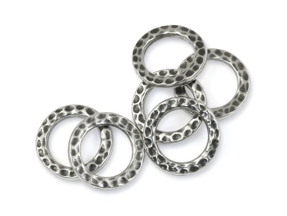 6+ 13mm Hammertone Rings - Antique Pewter Ring Flat Circle Charms - Textured Metal Rings TierraCast Dark Antique Silver Closed Rings (P2628)