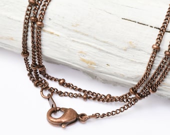 12 Pieces - Thin Delicate 24" Finished Necklace Chain - Antique Copper Chain for Pendants - Skinny 1mm Thick with 2mm Bead Satellite Chain