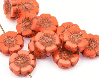 12mm Hibiscus Flower Beads - Bright Red Orange Opaque with Dark Bronze Wash - Hyacinth Czech Glass Flower Beads for Spring Jewelry #087