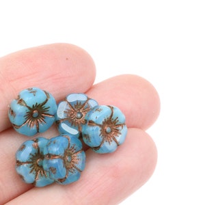 12mm Hibiscus Flower Beads Aqua Silk with Dark Bronze Wash Blue Flower Beads Flat Czech Glass Flower Beads for Spring Jewelry 957 image 7