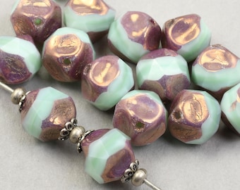 Seafoam Green 9mm Firepolish Nugget Beads - Irregularly Shaped Faceted Czech Glass Beads - Mint Green with Purple Bronze Finish #328