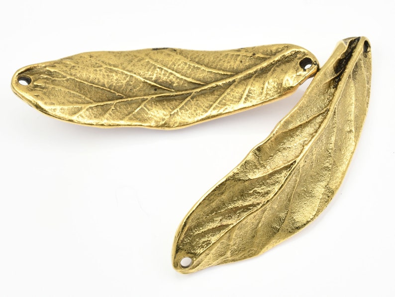 2 Antique Gold Leaf Link Double Hole Large Leaf Bracelet Link 3 Dimensional 50mm Centerpiece for Autumn Fall Jewelry image 2