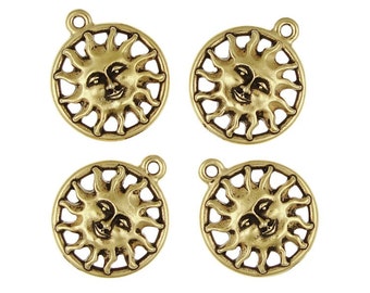 Gold Sun Charms Antique Gold TierraCast Pewter Happy Smiling Sun Pendants Summer or Solstice Supplies (P100)