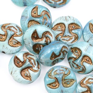 13mm Moon Face Beads Icy Blue Silk Opaque with Dark Bronze Wash Czech Glass Coin Beads by Ravens Journey Celestial Moon Beads 730 image 5