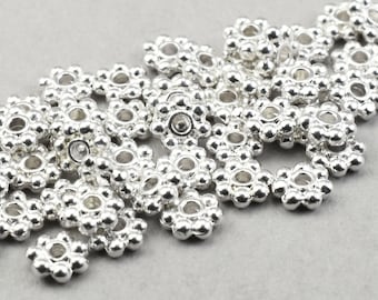 50 Pieces 4mm Beaded Heishi Beads - 4mm Bright Silver Daisy Spacers - TierraCast Pewter Electroplated Silver Beads Flat Flower Beads (PS8)