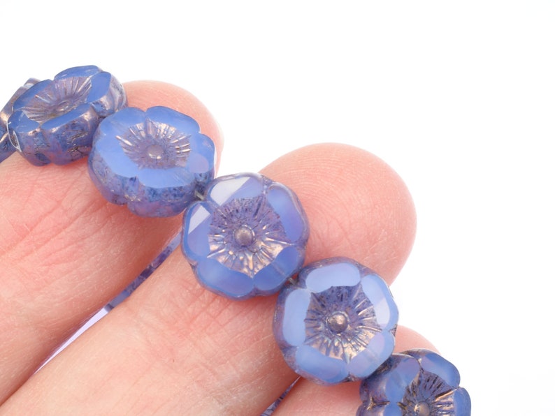 12mm Hibiscus Flower Beads Blue Flower Beads Sapphire Blue Opaline with Purple Bronze Czech Glass Flower Beads for Spring Jewelry 187 image 6