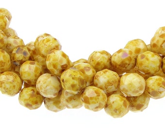 25 8mm perles Picasso Blanc Opaque verre tchèque perles - facettes 8mm perle - feu Beige Crème polonais verre tchèque pour les conceptions de l'automne automne