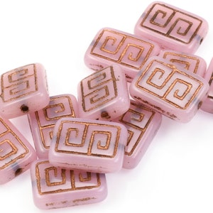 12 Pieces 13mm x 9mm Greek Key Rectangle Czech Glass Beads Pink Opaline with Dark Bronze Wash Light Pink Beads for Jewelry Making 186 image 3