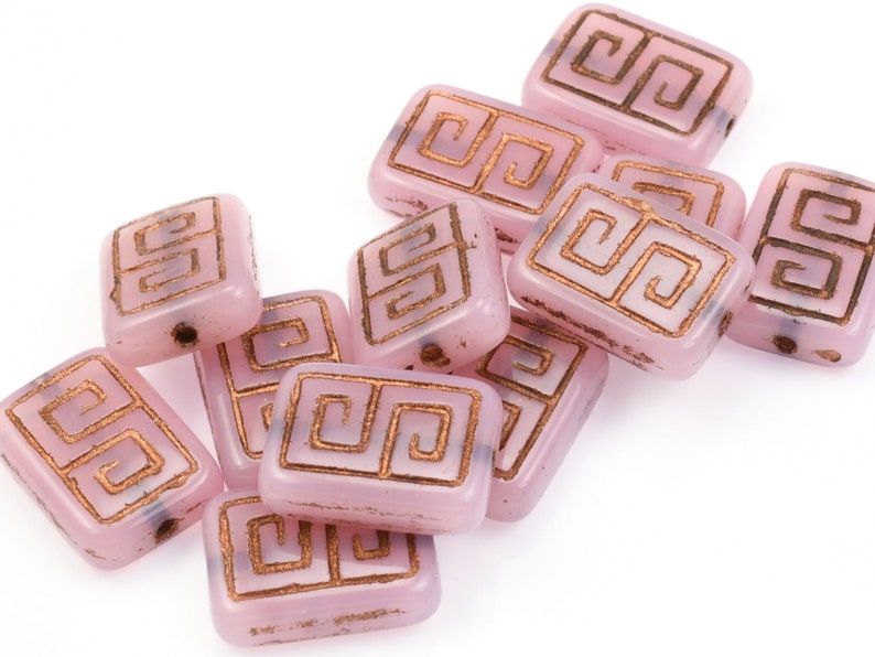 12 Pieces 13mm x 9mm Greek Key Rectangle Czech Glass Beads Pink Opaline with Dark Bronze Wash Light Pink Beads for Jewelry Making 186 image 3