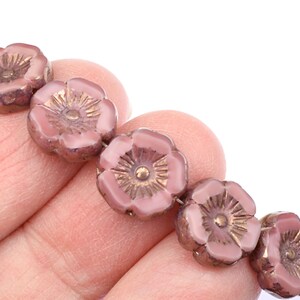 12mm Hibiscus Flower Beads Dusty Rose Pink Flower Beads Pink Silk with Bronze Finish Czech Glass Flower Beads for Spring Jewelry 191 image 7