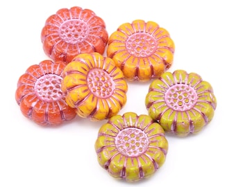 6 Piece Mix of 13mm Sunflower Beads - Fall Autumn Mix of Orange, Light Coral Red, and Gaspetite Green - Czech Glass Beads Raven's Journey