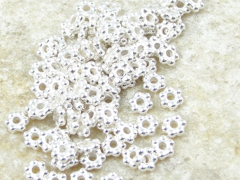 100 BRIGHT SILVER Beads 3mm Flat Daisy Spacers TierraCast Silver Bali Spacer Beads PS7 image 1