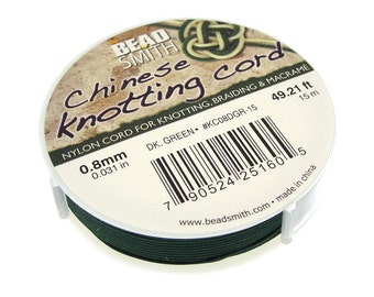 DARK GREEN Chinese Knotting Cord - 0.8mm Fine Cord - 49 Feet / 15 Meters - Nylon Cord for Knotting Braiding Macrame Kumihimo Supplies