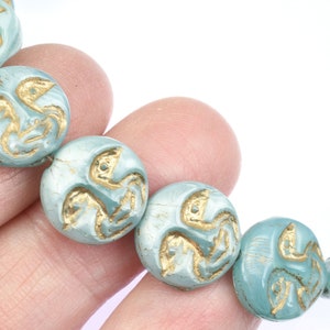 13mm Moon Face Beads Icy Blue Silk Opaque with Gold Wash Light Blue Czech Glass Coin Beads by Ravens Journey Celestial Moon Beads 738 immagine 7