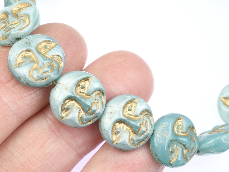 13mm Moon Face Beads Icy Blue Silk Opaque with Gold Wash Light Blue Czech Glass Coin Beads by Ravens Journey Celestial Moon Beads 738 image 7