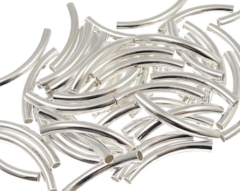 Noodle Beads 26mm x 3.2mm  with 2mm inner diameter Silver Plated Curved Tube Beads Silver Tube Beads Silver Noodles (T4)