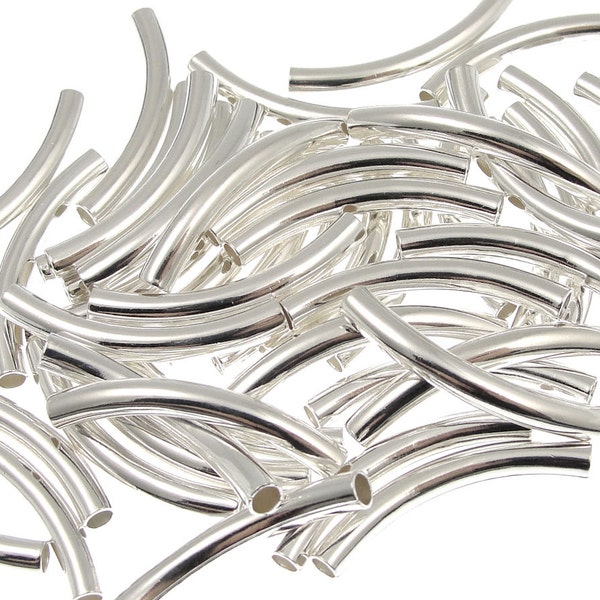 Noodle Beads 26mm x 3.2mm  with 2mm inner diameter Silver Plated Curved Tube Beads Silver Tube Beads Silver Noodles (T4)