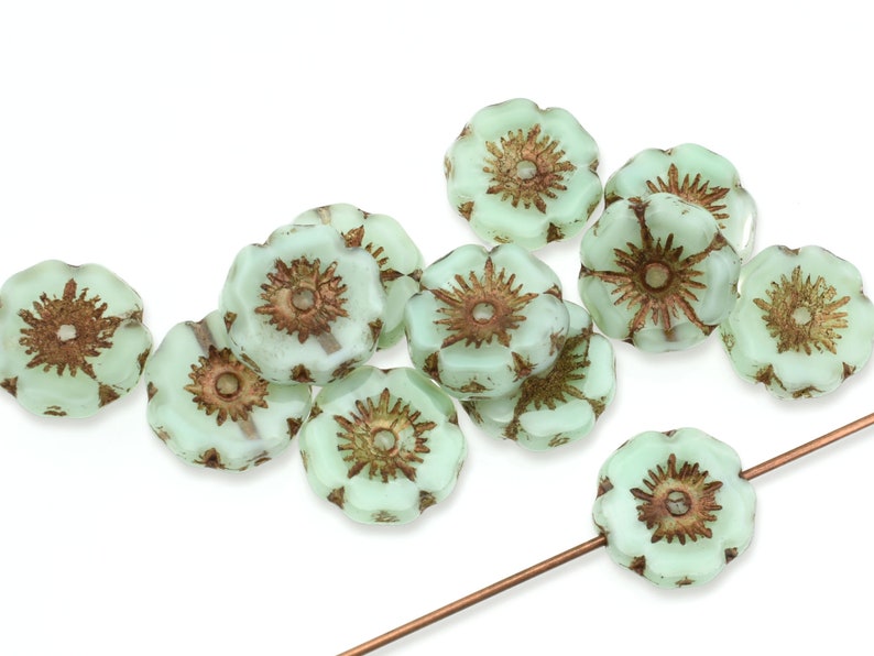 12mm Hibiscus Flower Beads Sea Green Silk with Dark Bronze Wash Mint Green Flower Beads Flat Czech Glass Flower Beads 951 image 5