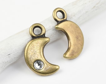 Tiny Antique Brass Crescent Moon Charm with Clear Crystal - TierraCast Brass Oxide Charm - 11mm x 14mm Celestial Flat Moon Drop (P2660)