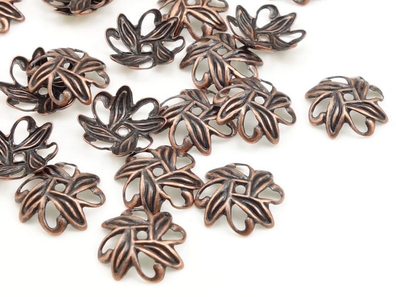 36 or more 10mm Antique Copper Bead Caps Aged Solid Copper Beadcaps Flat Filigree Petal Shape Copper Beads FSAC53 image 1