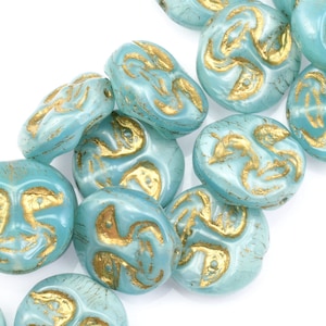 13mm Moon Face Beads Icy Blue Silk Opaque with Gold Wash Light Blue Czech Glass Coin Beads by Ravens Journey Celestial Moon Beads 738 image 6