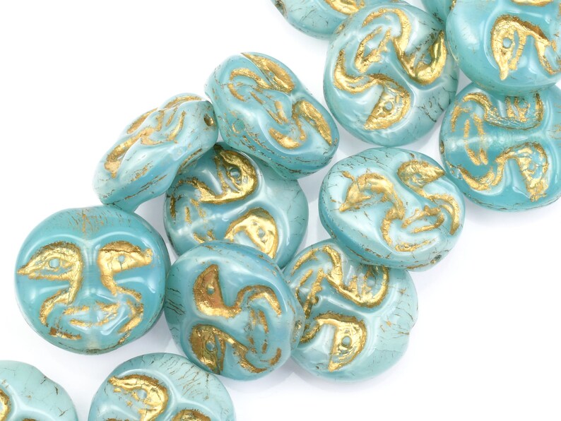 13mm Moon Face Beads Icy Blue Silk Opaque with Gold Wash Light Blue Czech Glass Coin Beads by Ravens Journey Celestial Moon Beads 738 immagine 6