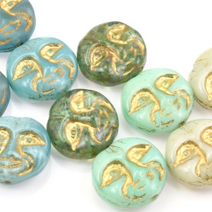 10 Piece Mix 13mm Moon Face Beads Light Blue Dark Teal Sea Green Dark Green Ivory Beads by Ravens Journey Celestial Moon Beads MIX1 image 1