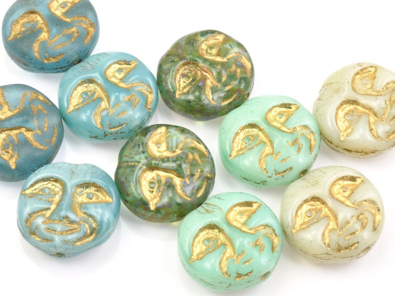 10 Piece Mix 13mm Moon Face Beads Light Blue Dark Teal Sea Green Dark Green Ivory Beads by Ravens Journey Celestial Moon Beads MIX1 imagem 1