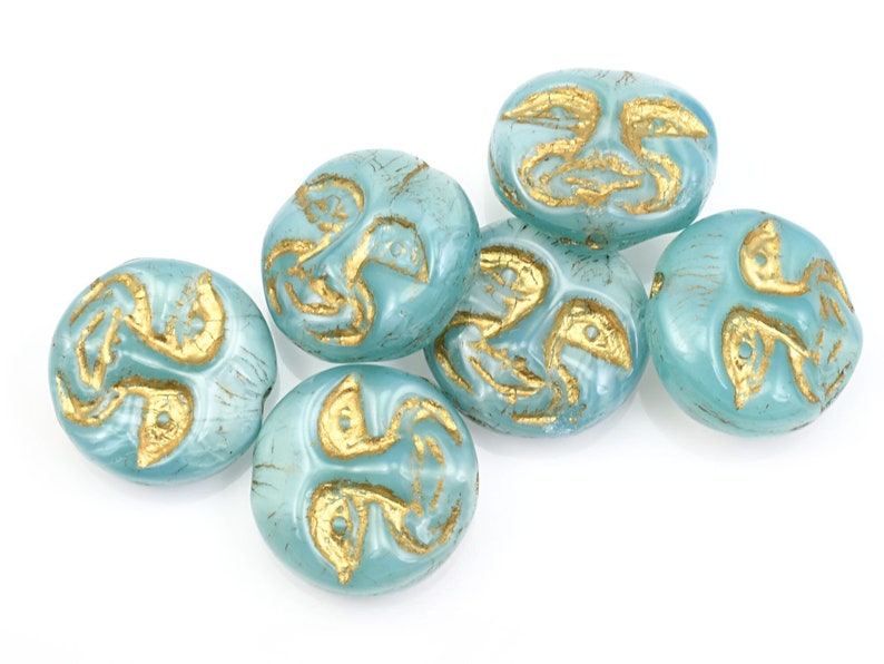 13mm Moon Face Beads Icy Blue Silk Opaque with Gold Wash Light Blue Czech Glass Coin Beads by Ravens Journey Celestial Moon Beads 738 image 1