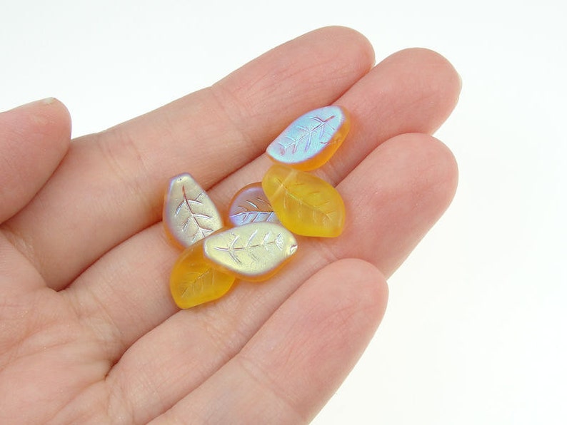 Topaz Leaf Beads 25 14mm x 9mm Czech Glass Leaves Warm Golden Amber AB Matte Frosted Iced Fall Beads Autumn Beads Golden Leaf Briolettes image 3