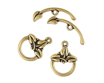 Gold Toggles - 3 Leaf TierraCast Pewter Toggles - Antique Gold Toggle Clasp Findings - Gold Clasp - Gold Findings (PF86)