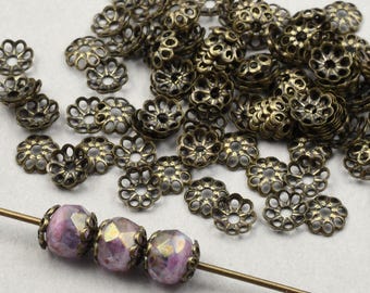 144 Pieces of TINY 4mm Bead Caps - Antique Brass Beadcap Finding - Small Shallow Brass Oxide Ox Bronze Color Plated Open Filigree Cap  FB341