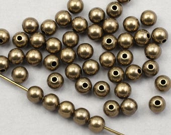 50 Brass Beads - 4mm Round Beads - ANTIQUE BRASS Ball Beads - Brass Oxide Ox Antique Bronze Color Metal Beads   FB134