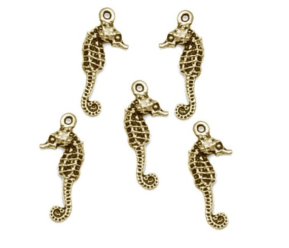 Gold Seahorse Charms - Antique Gold Charms - Sea Horse Drops - TierraCast Pewter Summer Beach Ocean Charms Gold Metal Beads (P526)